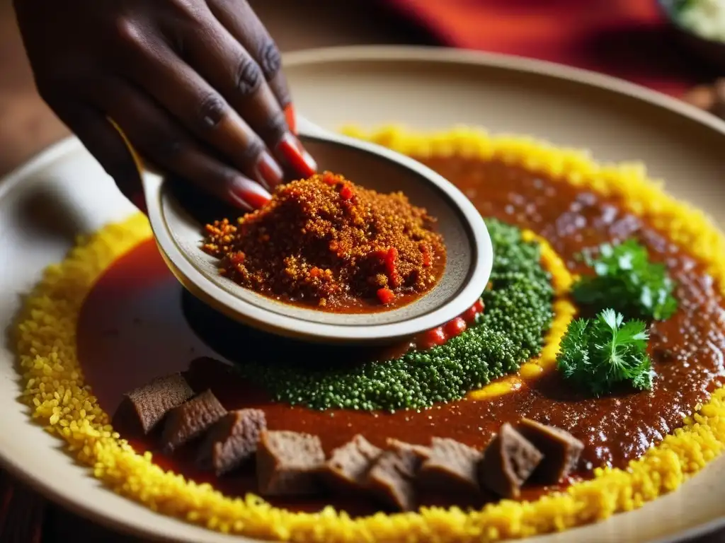 Mano espolvoreando especias rojas sobre un guiso tradicional etíope Doro Wat, resaltando la influencia africana en recetas históricas