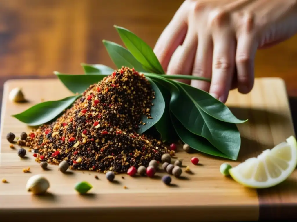 Mano espolvoreando especias rojas sobre tabla samurái con ingredientes secretos cocina Samurái