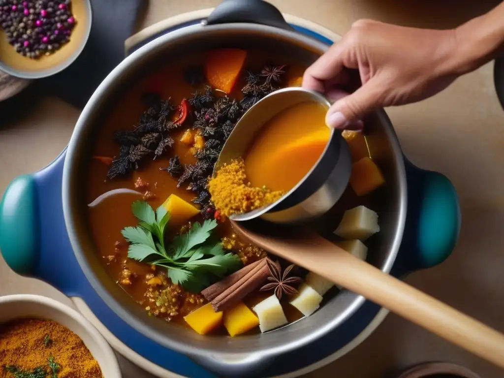 Mano añadiendo especias a un tagine mientras el vapor danza, influencia cocina morisca modernidad