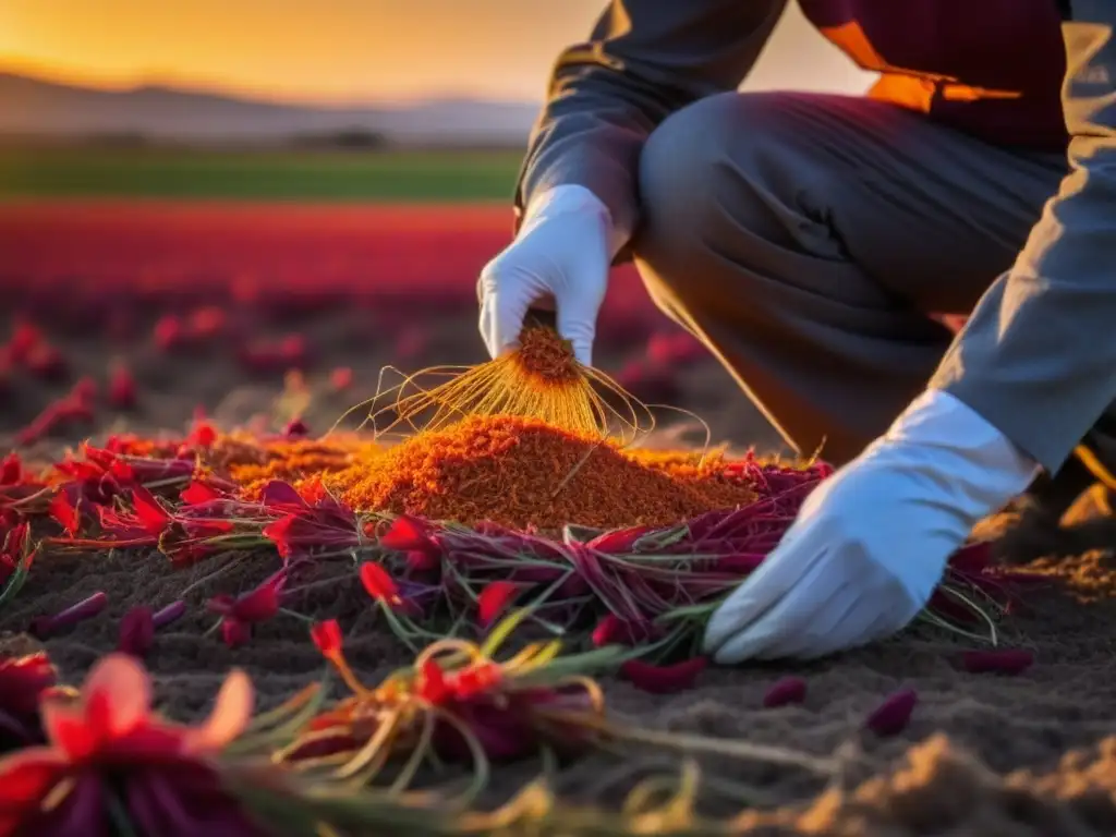 Mano recolectando meticulosamente un estigma de azafrán al amanecer en los campos de La Mancha, España, mostrando el proceso de extracción