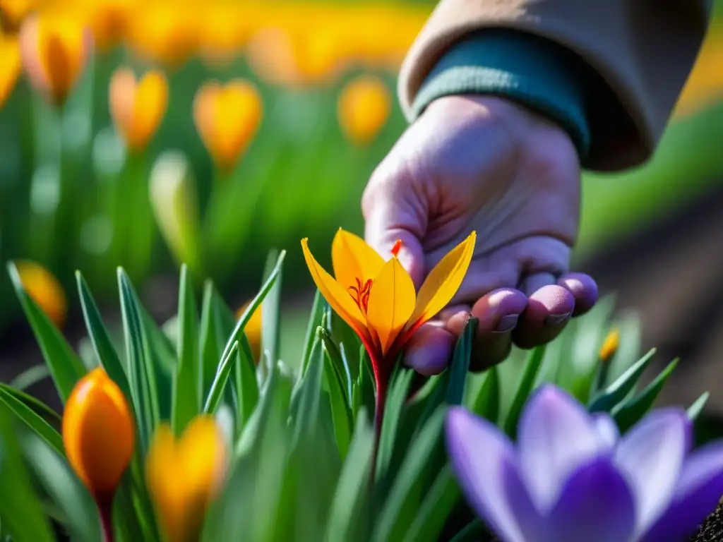 Mano sostiene delicadamente un estigma de azafrán frente a flores de azafrán en un campo soleado