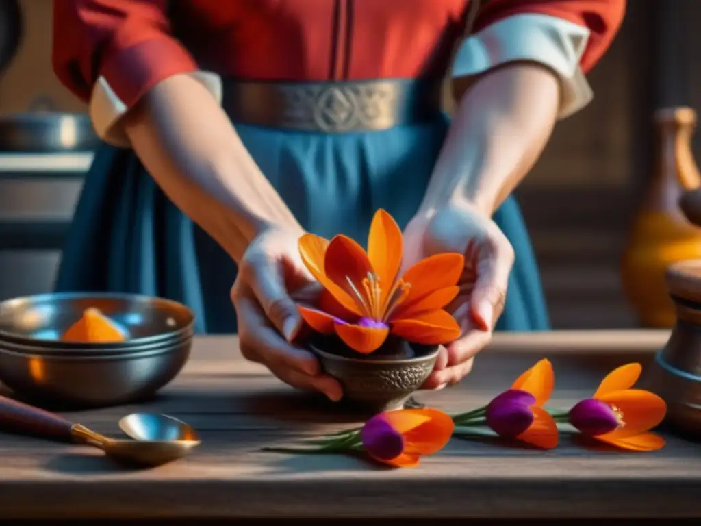 Mano sostiene flor azafrán rojo en cocina medieval siglo XIV con utensilios antiguos