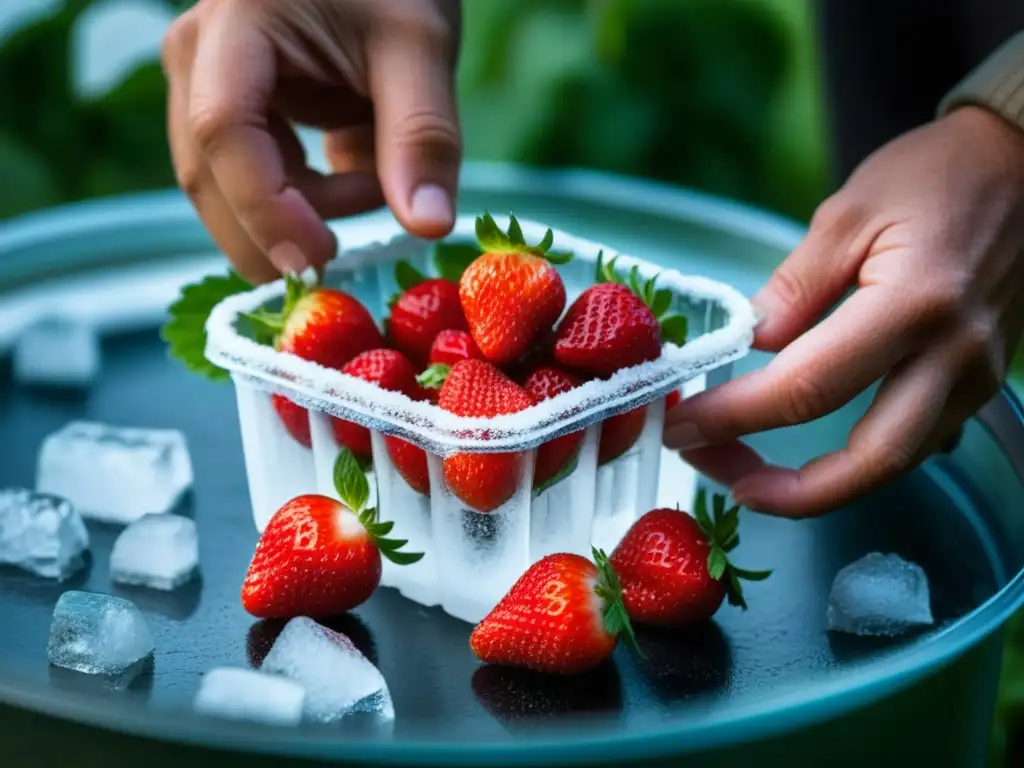 Mano coloca fresa fresca en recipiente con hielo