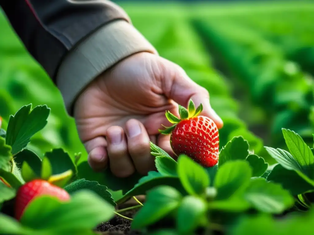 Mano recogiendo fresas rojas en campo verde, detalle macro que refleja cambios agrícolas por la Revolución Industrial hábitos alimenticios