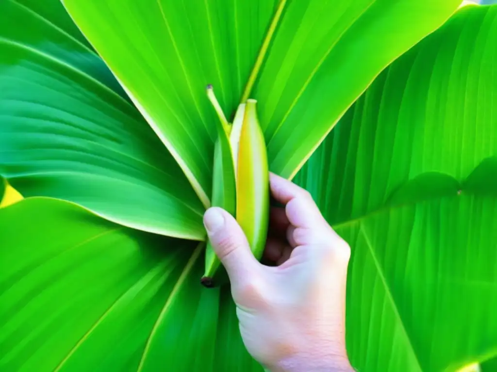 Mano envuelve fruta fresca en hoja de plátano verde, resaltando el uso de hojas para conservar alimentos