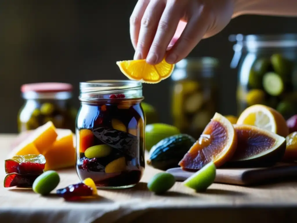 Mano colocando fruta seca en tarro con alimentos preservados