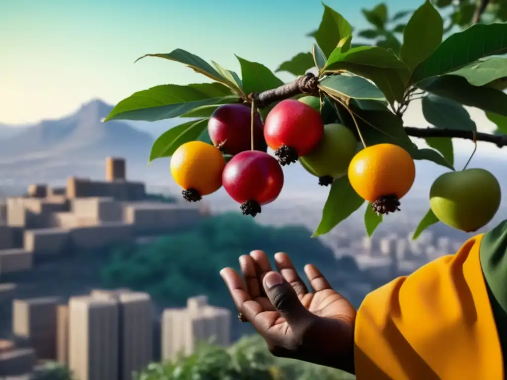 Mano alcanzando frutas vibrantes en árbol, con ciudad apartheid al fondo