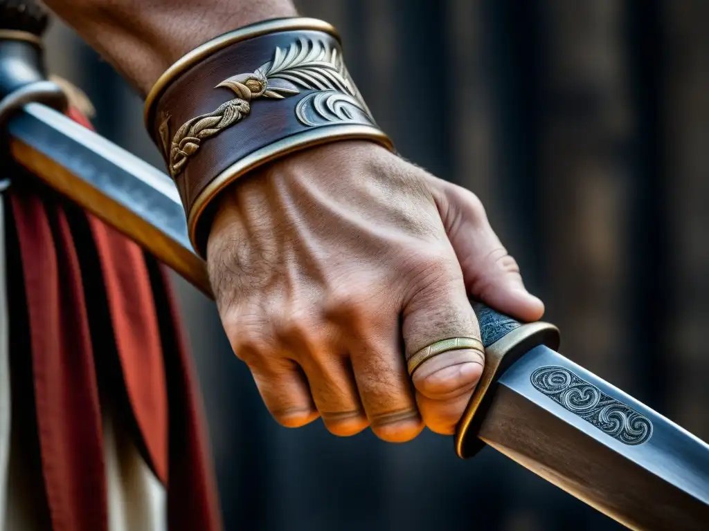 La mano de un gladiador romano aferrando una espada de entrenamiento, destacando la fuerza física y disciplina de los luchadores