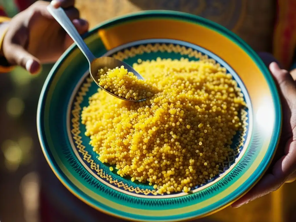 Mano esparciendo granos dorados de cuscús sobre un plato marroquí vibrante, resaltando la historia del cuscús en el norte de África