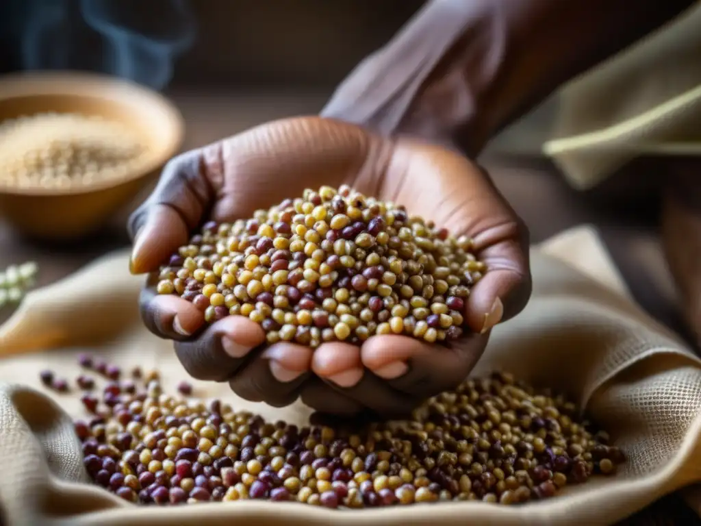 Mano sostiene granos de sorgo crudo, destacando su textura y colores