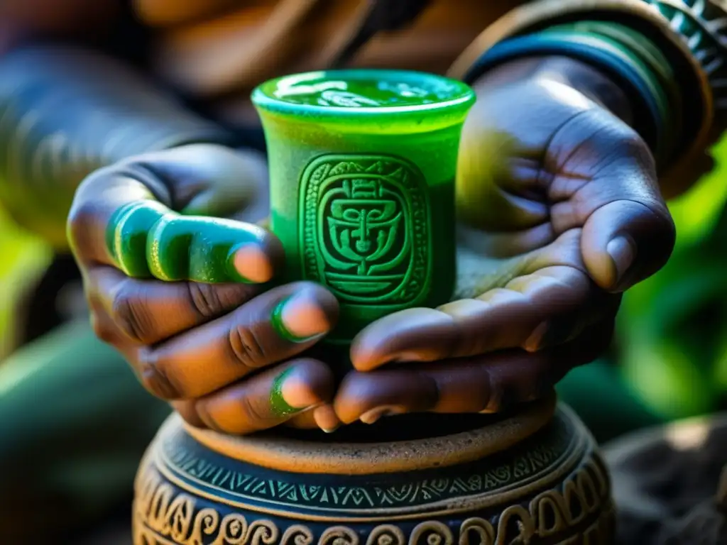 Mano de guerrero Maya con bebida verde vibrante, tatuajes y vaso de barro