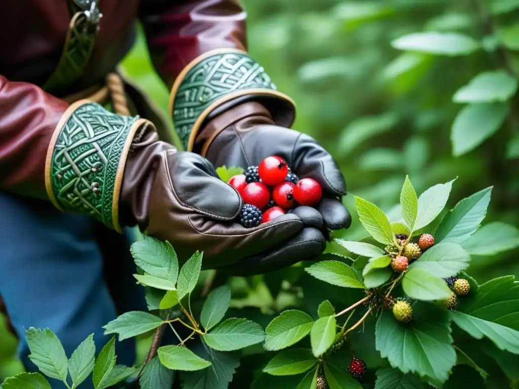 Mano de guerrero vikingo recolectando bayas en bosque exuberante