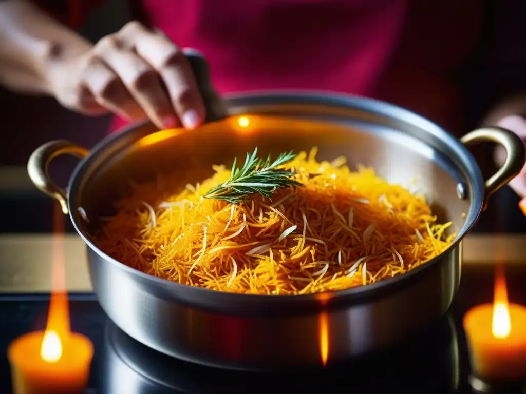 Mano esparciendo hebras de azafrán en biryani aromático, reflejo de la gastronomía de lujo en Mughal