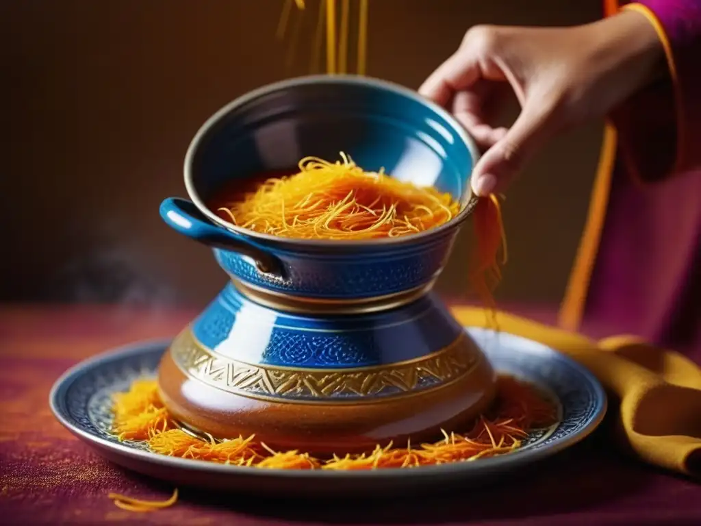 Mano esparciendo hebras de azafrán en un tagine burbujeante, realzando los colores y texturas del plato marroquí