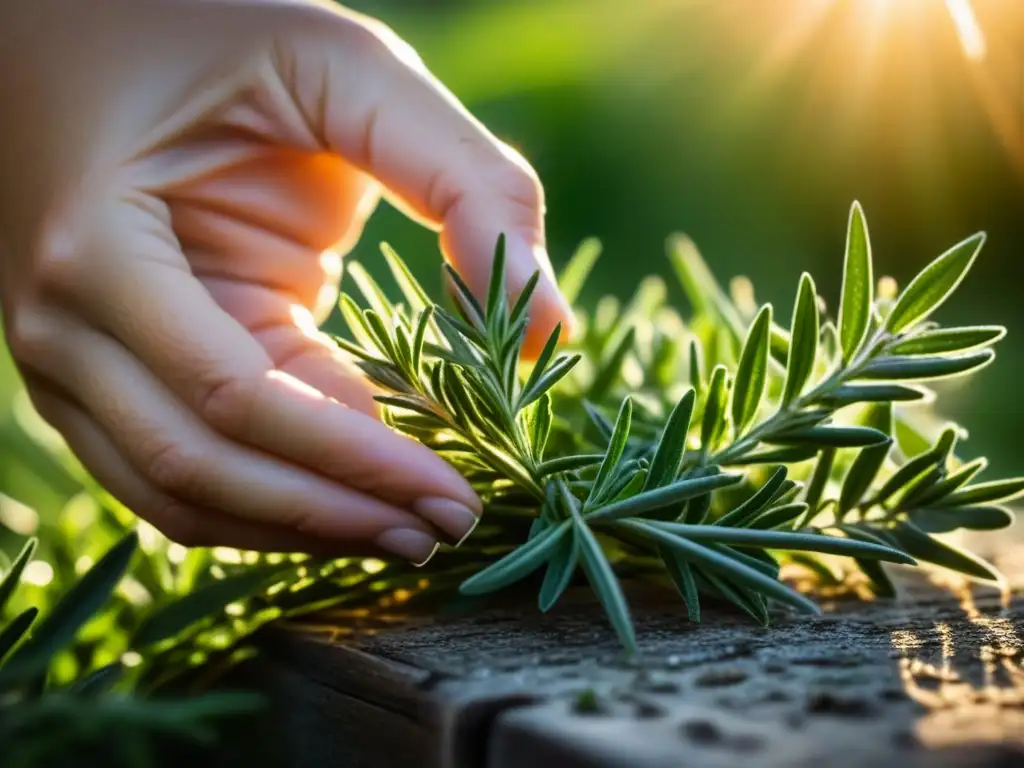 Mano recolectando hierbas frescas en jardín medieval: propiedades curativas hierbas gastronomía medieval