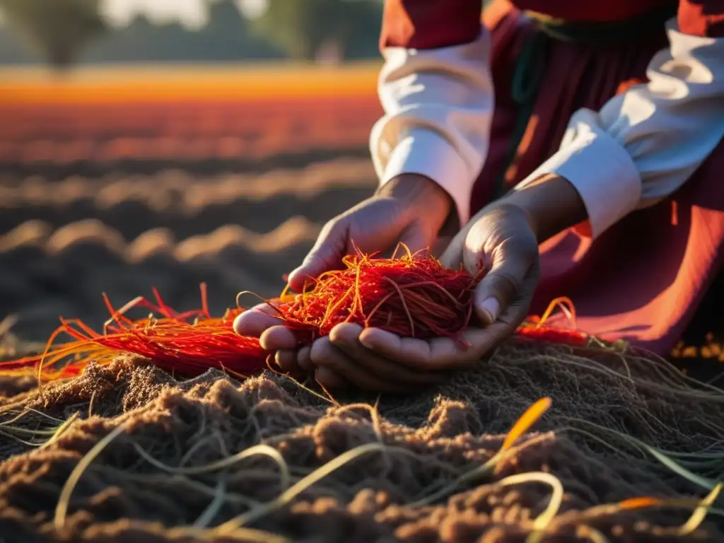 Mano recolectando hilos rojos de azafrán en un campo soleado, mostrando la historia cultural de las especias en Sur Asia