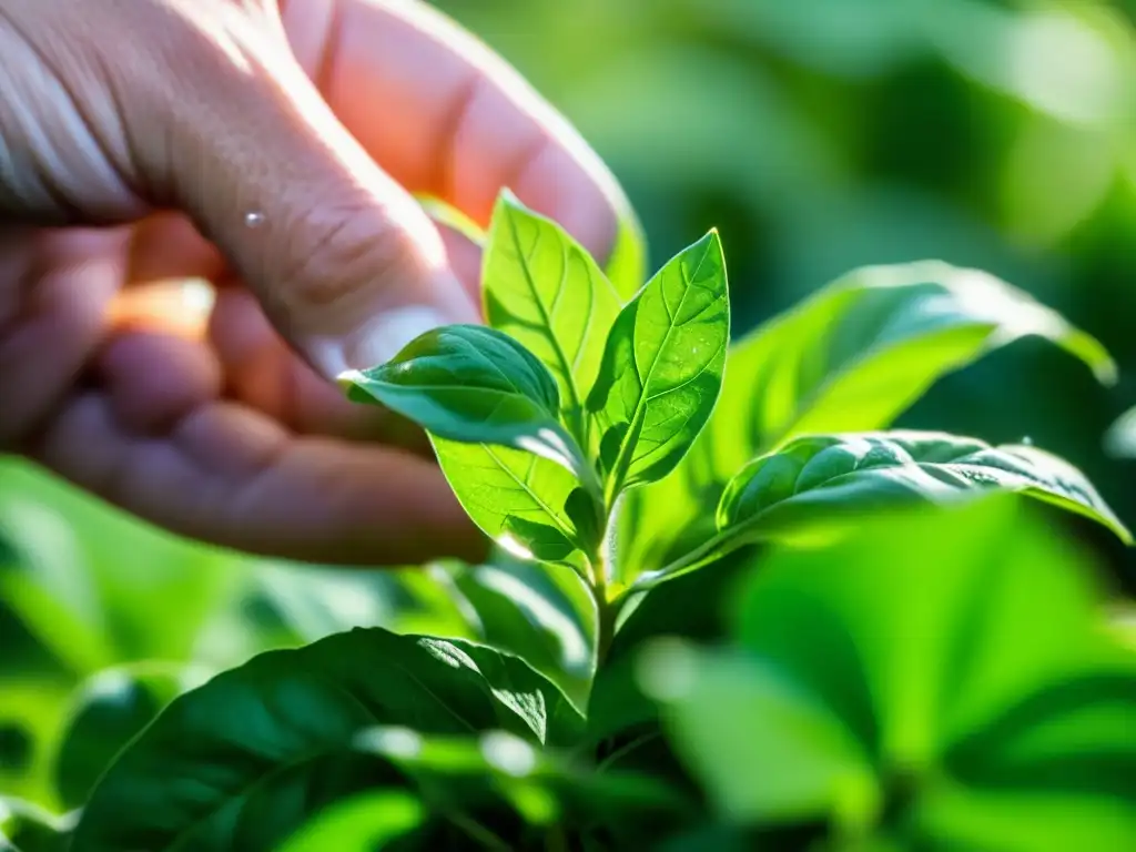 Mano recogiendo hojas de albahaca fresca en jardín medieval