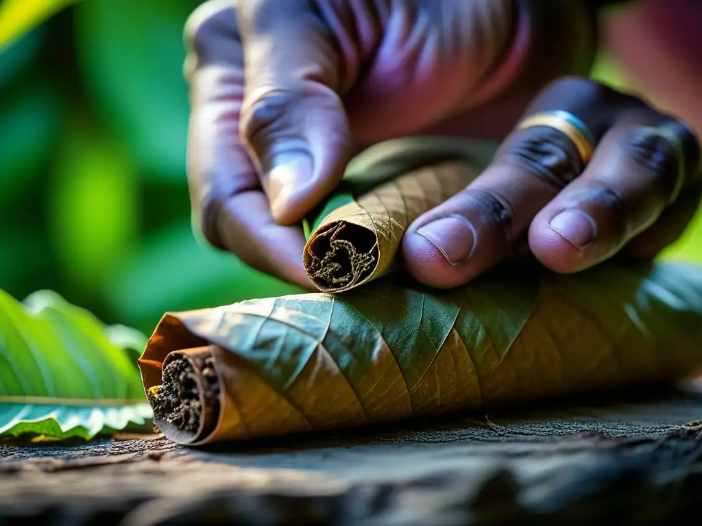 Mano indígena enrolla hoja de tabaco en cigarro, detalle artesanal y cultural