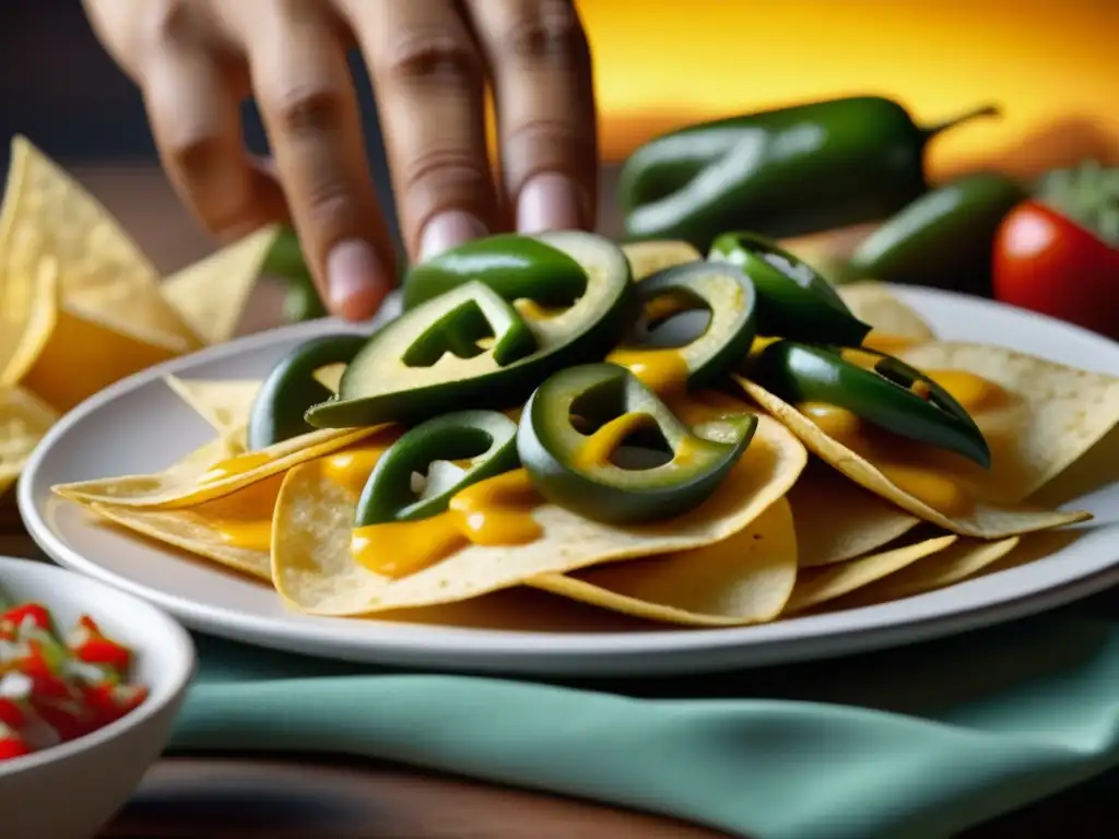 Mano esparciendo jalapeños sobre nachos dorados con queso derretido, evolución platos icónicos TexMex historia