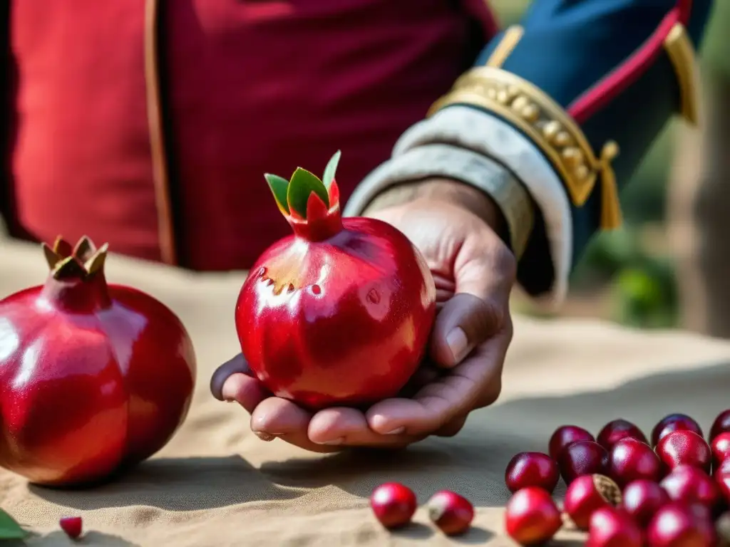 Mano de legionario sosteniendo granada recién cosechada, con soldados romanos y alimentos antioxidantes dieta guerreros