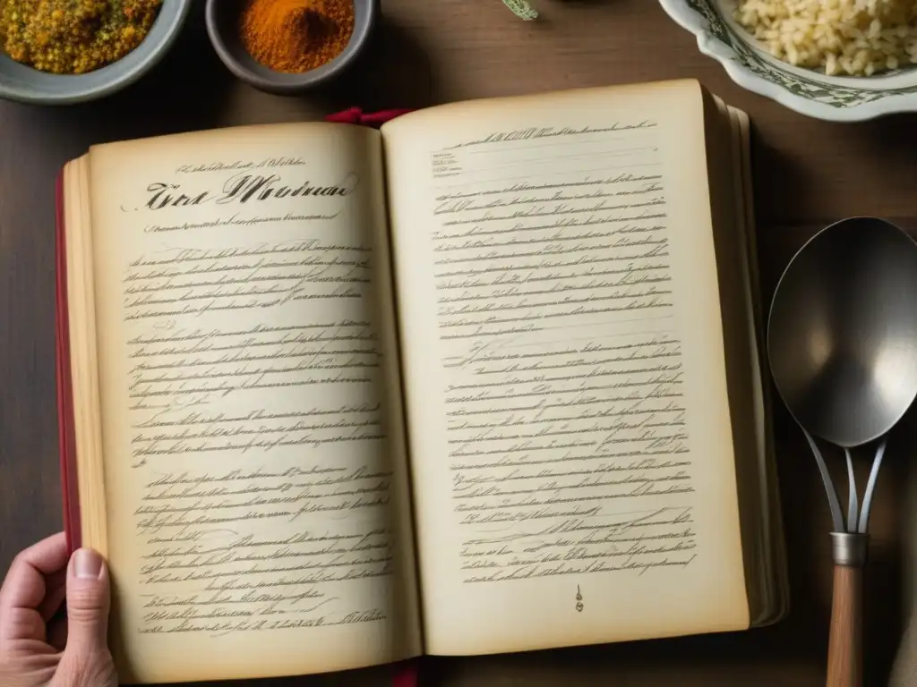 Una mano sostiene un libro de cocina antiguo con receta tradicional y notas escritas a mano, rodeado de utensilios y especias, iluminado naturalmente