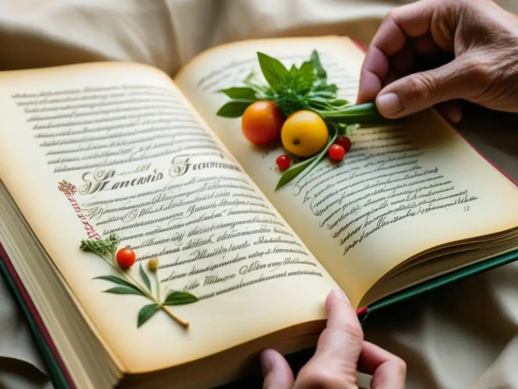 Mano sosteniendo libro de recetas históricas Renacimiento, con ilustraciones detalladas y caligrafía intrincada sobre consumo sostenible