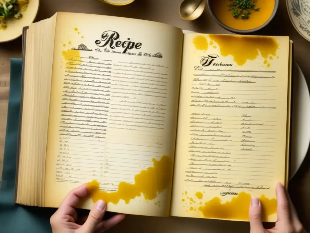 Mano sostiene libro de recetas históricas de la independencia con notas manuscritas y salpicaduras de ingredientes