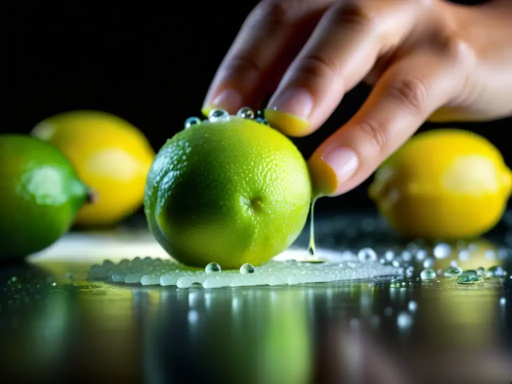 Un mano exprimiendo limones verdes para preparar un Pisco Sour, con gotas brillantes de esencia cítrica