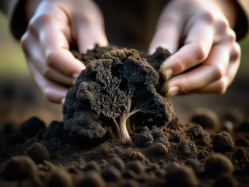 Mano limpia con cuidado una trufa negra recién desenterrada, resaltando su textura rugosa y tonos terrosos