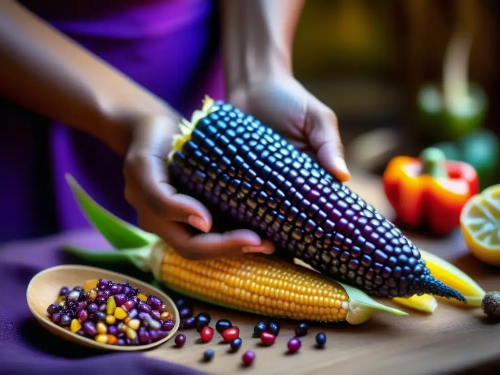 Mano sosteniendo mazorca de maíz morado en detalle con ingredientes cocina criolla redescubiertos