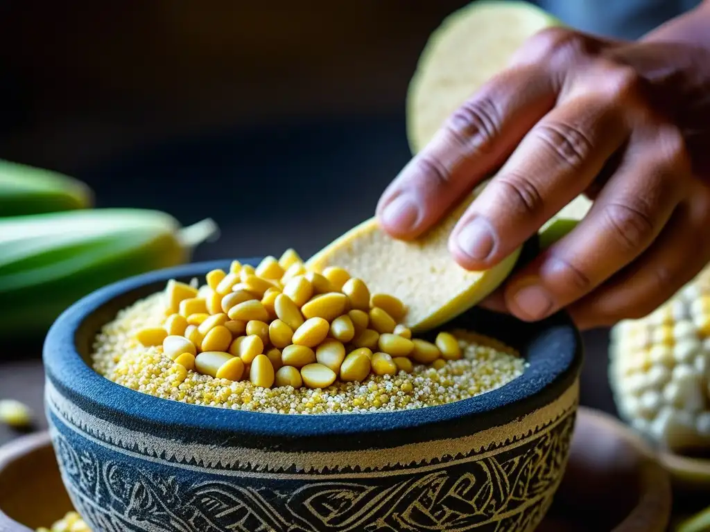 Mano moler maíz en metate piedra, resaltando texturas y colores, reflejando recetas históricas cultura nutrición supervivencia