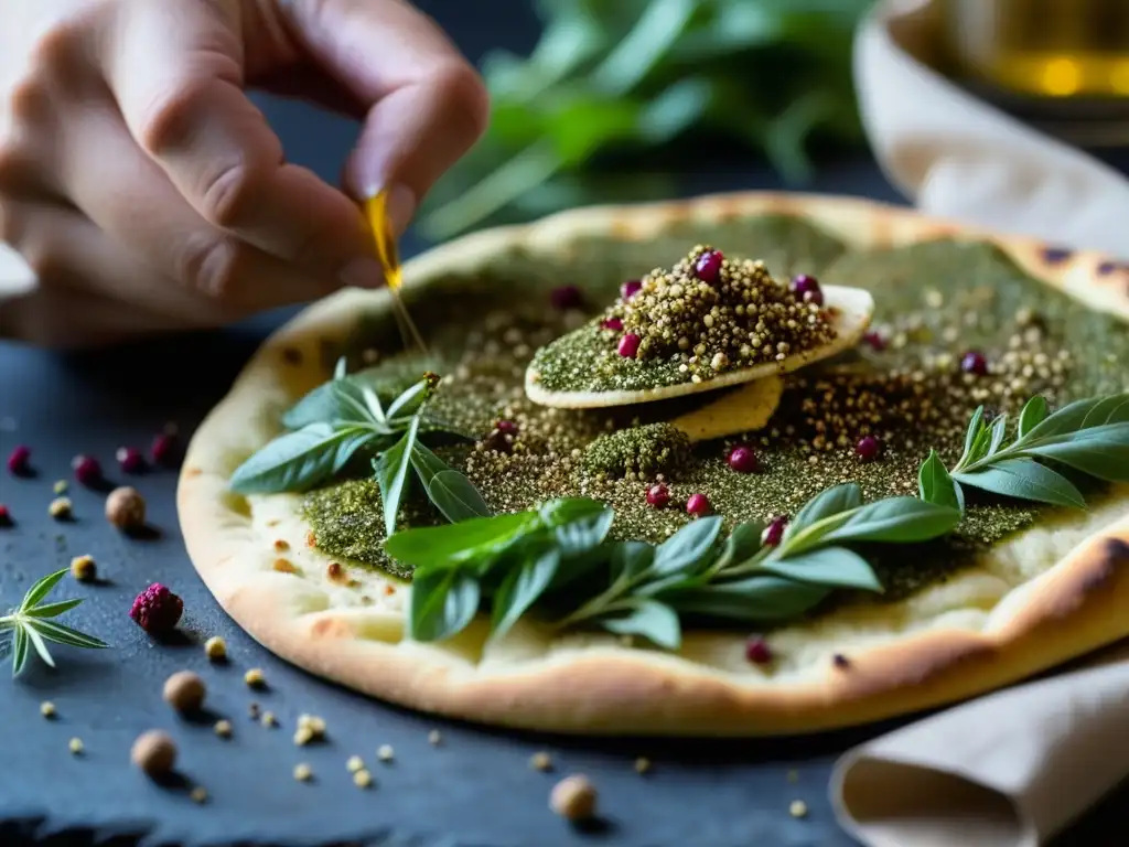 Mano espolvoreando mezcla vibrante de za'atar en pan recién horneado dorado, reflejando la rica herencia culinaria del Medio Oriente