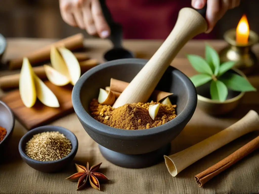 Exóticas raíces de galanga en mortero vintage: tradición culinaria Mano sostiene mortero vintage con galanga molida rodeado de especias, en cocina rústica con libros de recetas históricas galanga cocina contemporánea