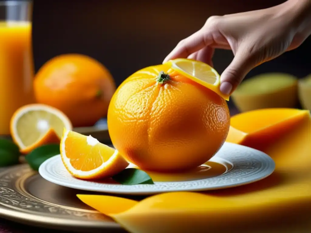 Mano exprimiendo una naranja sobre plato tradicional, resaltando la frescura y sabor en la cocina del Medio Oriente