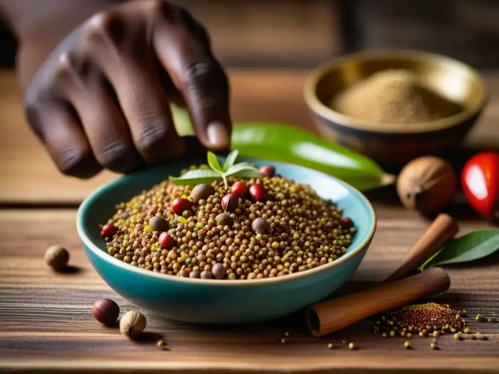 Mano rallando nuez moscada fresca sobre un plato africano, con especias y hierbas vibrantes en una mesa rústica