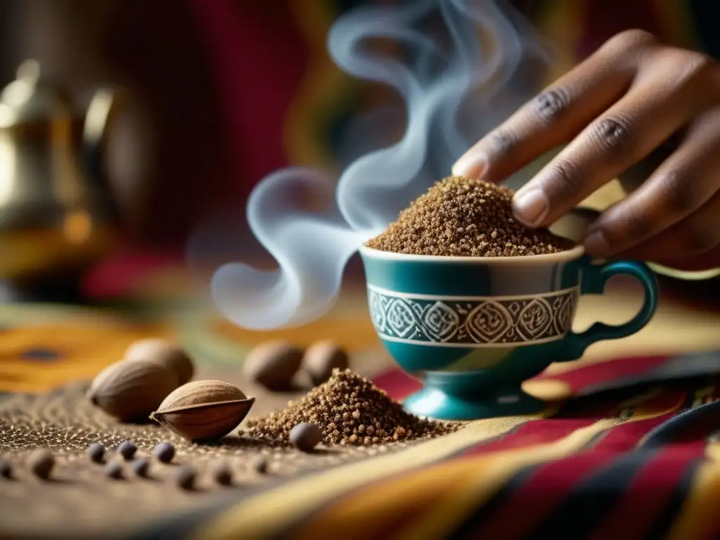 Mano espolvoreando nuez moscada recién molida sobre té chai caliente, con aroma y partículas en el aire, sobre tela africana