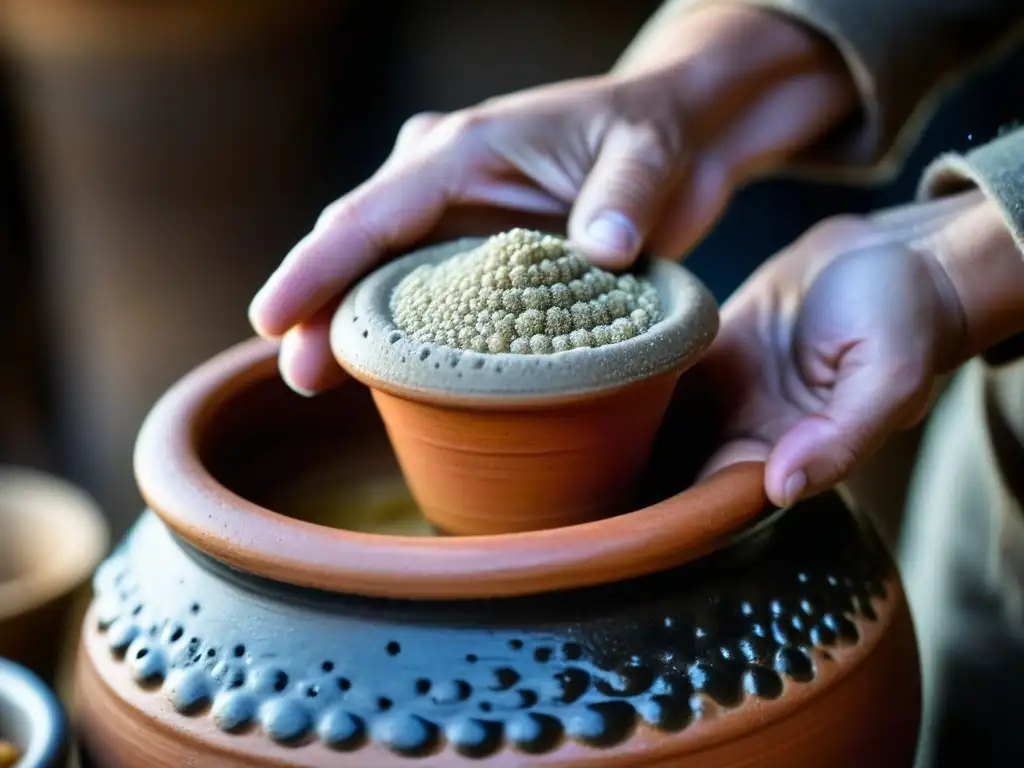 Mano sosteniendo olla de barro con fermentación, burbujas y técnicas culinarias antiguas modernas