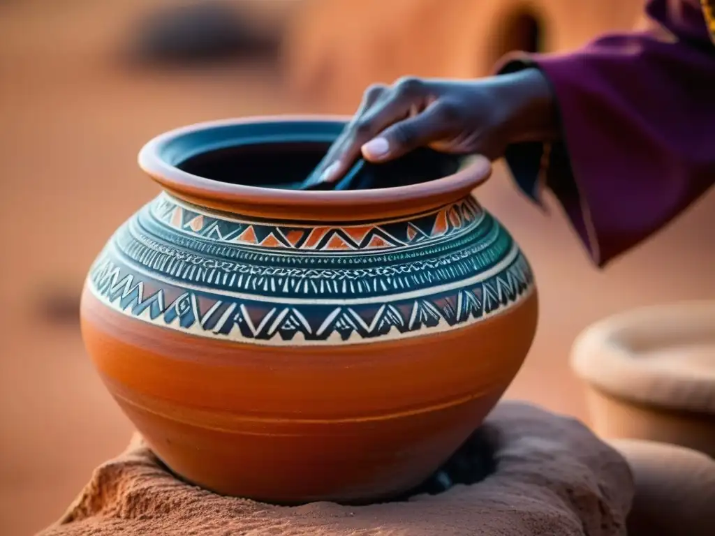 Mano acaricia olla de barro con guiso en desierto africano