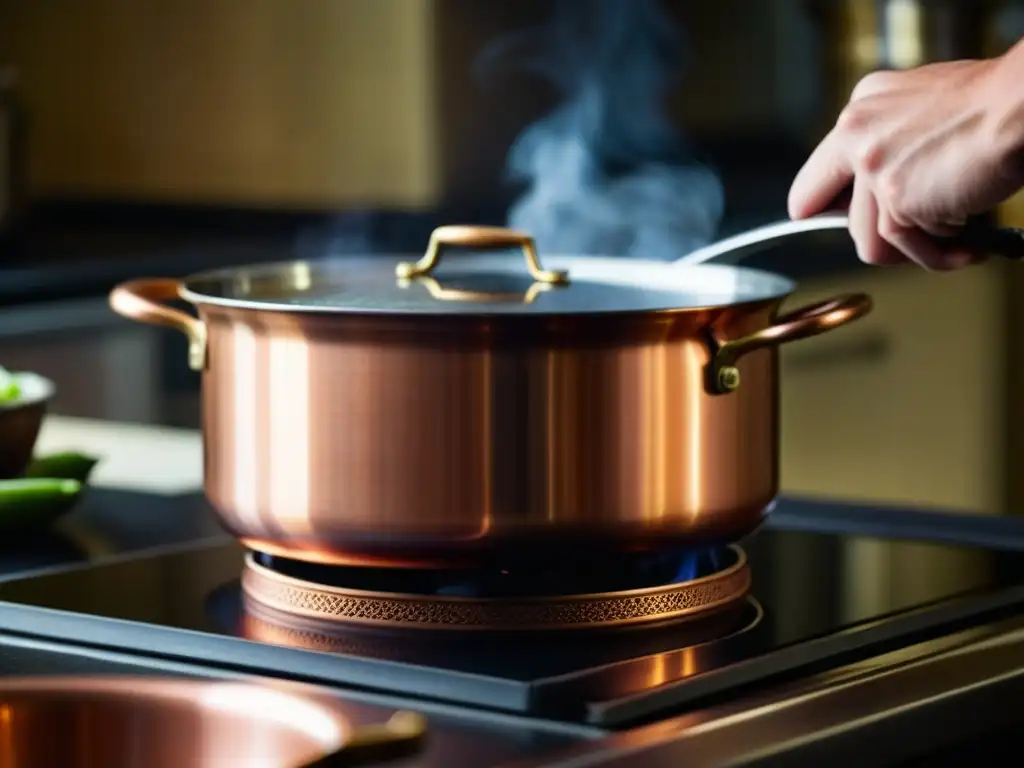 Mano removiendo olla de cobre con guiso tradicional sobre cocina moderna de inducción, fusionando recetas históricas culturales detalladas