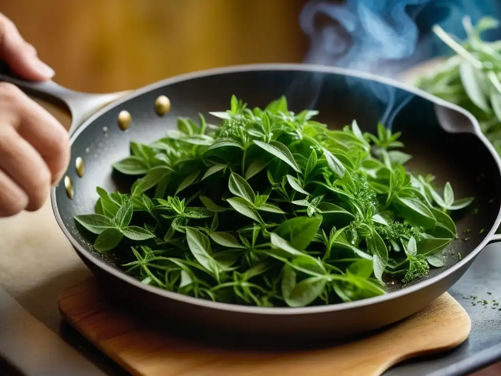 Mano esparciendo orégano sobre sartén caliente, aromas cocina Antigua Grecia