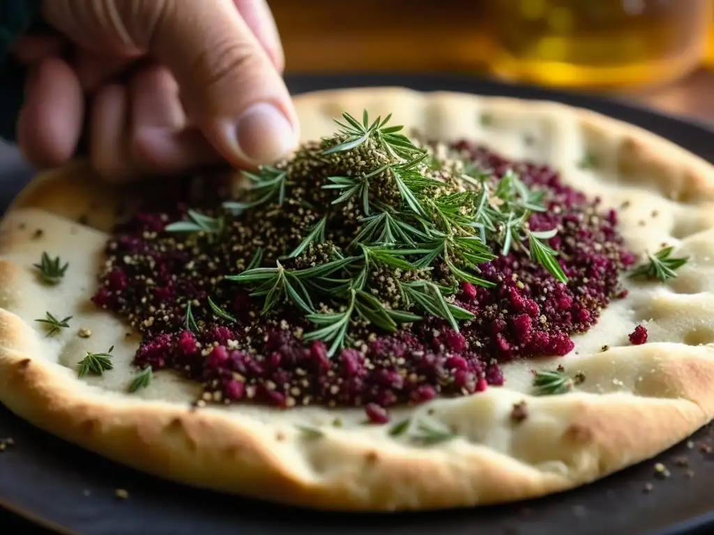 Mano espolvoreando za'atar sobre pan recién horneado, resaltando colores y texturas de la mezcla de especias