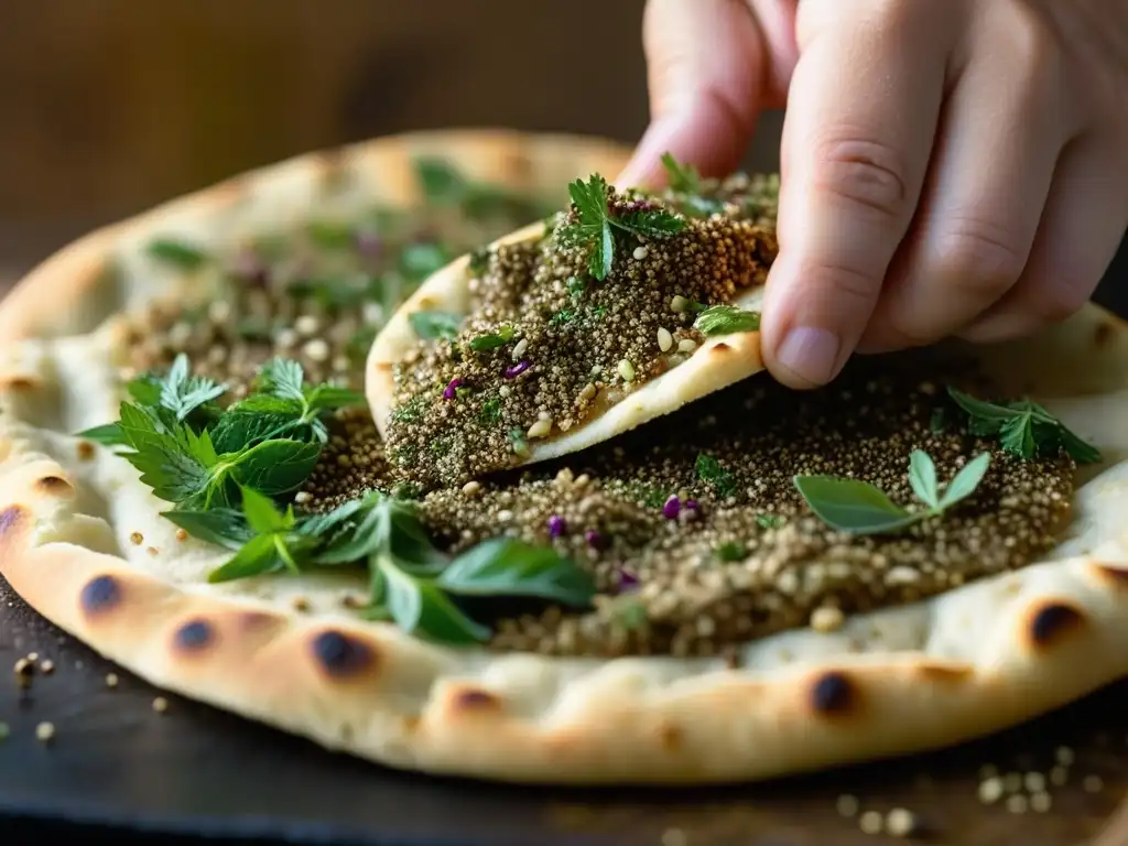 Mano espolvoreando za'atar sobre pan recién horneado, resaltando colores y texturas del medio oriente en recetas históricas zaatar