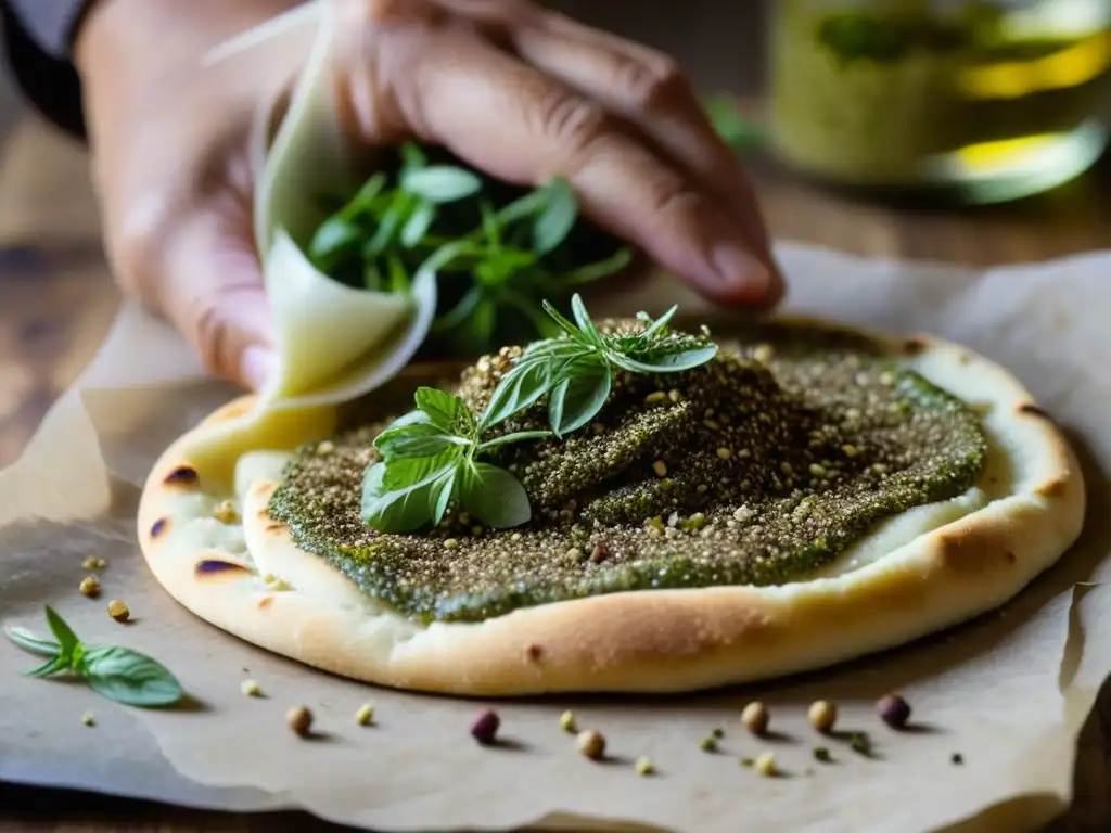 Mano espolvoreando za'atar sobre pan recién horneado, reflejando recetas históricas zaatar Medio Oriente