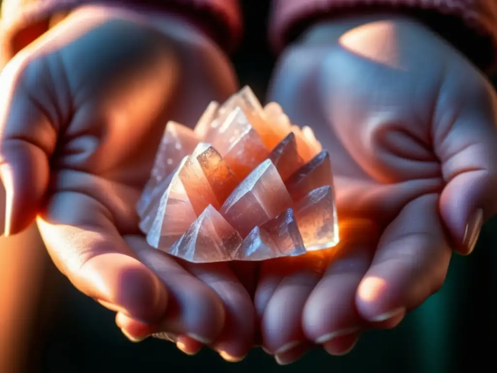 Una mano sostiene un pequeño cristal de sal rosada del Himalaya, mostrando su color y textura únicos