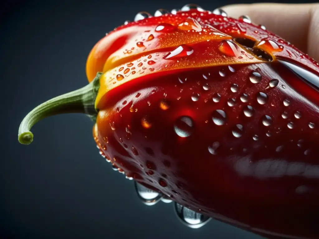 Mano sosteniendo un picante chile rojo con gotas de agua, resaltando la importancia histórica de las especias