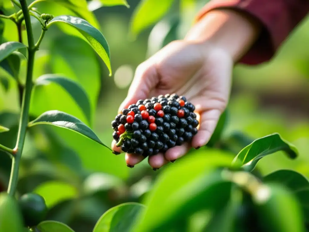 Mano recogiendo pimienta negra madura en un jardín de especias histórico, iluminado por el sol