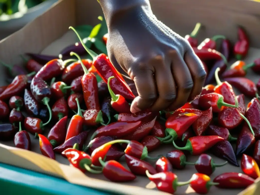 Mano recolecta pimientos piri piri rojos en mercado africano, resaltando evolución especias africanas historia culinaria