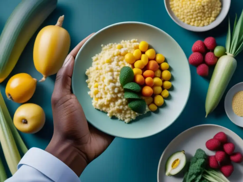 Una mano sostiene un plato con comida: por un lado, escasa papilla de maíz en tiempos de Apartheid; por otro, frutas y verduras coloridas y frescas