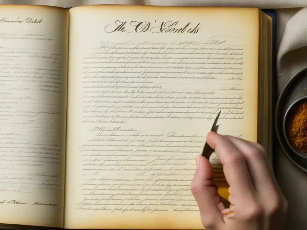 Recetas ancestrales: tesoro culinario en libro centenario Mano sosteniendo recetas históricas en un libro antiguo, transmitiendo reverencia por la gastronomía de épocas pasadas