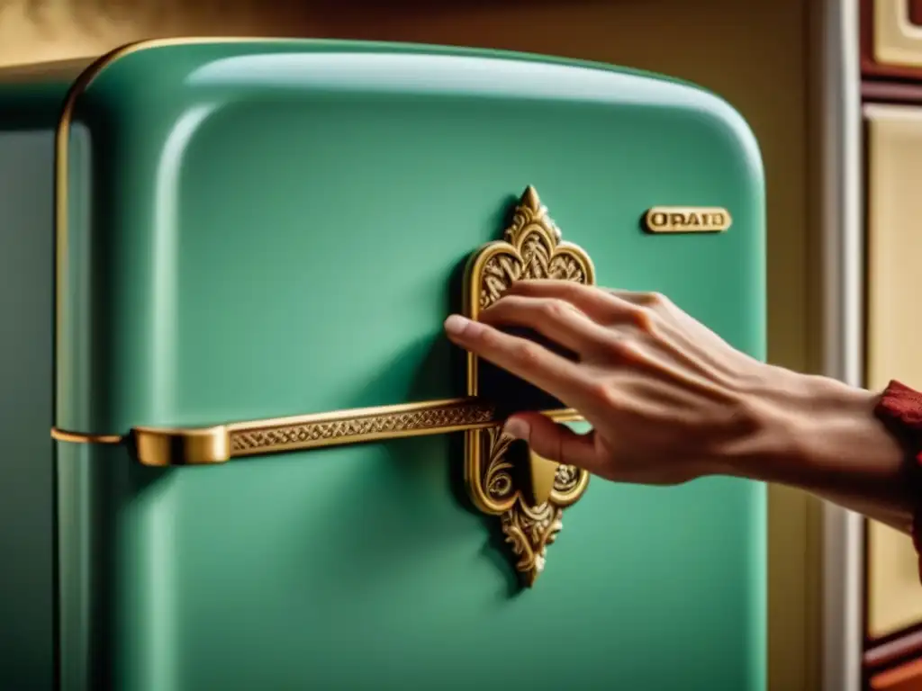 Detalles vintage: mano abriendo nevera de los 50 Mano abriendo un refrigerador vintage de los 50, con detalles ornamentados y desgaste, evocando recetas históricas y cultura culinaria